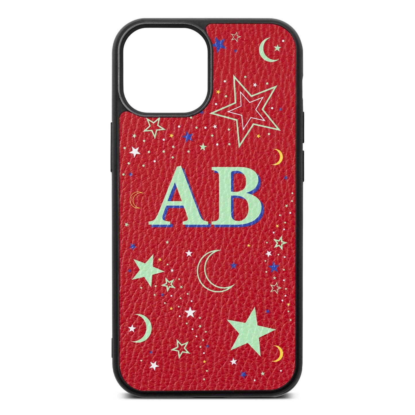 Stars and Moon Personalised Red Pebble Leather iPhone 13 Mini Case