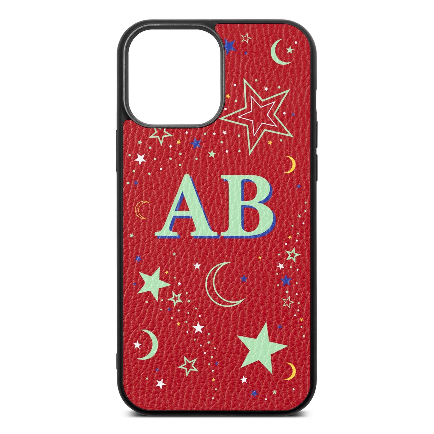 Stars and Moon Personalised Red Pebble Leather iPhone 13 Pro Max Case