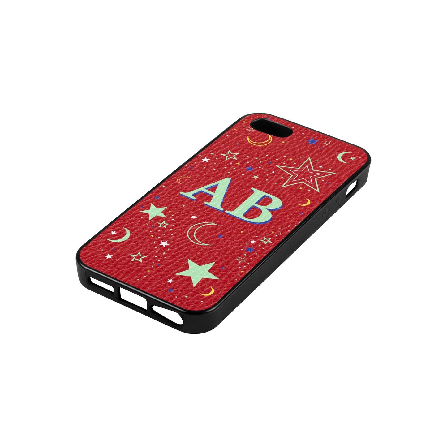 Stars and Moon Personalised Red Pebble Leather iPhone 5 Case Side Angle