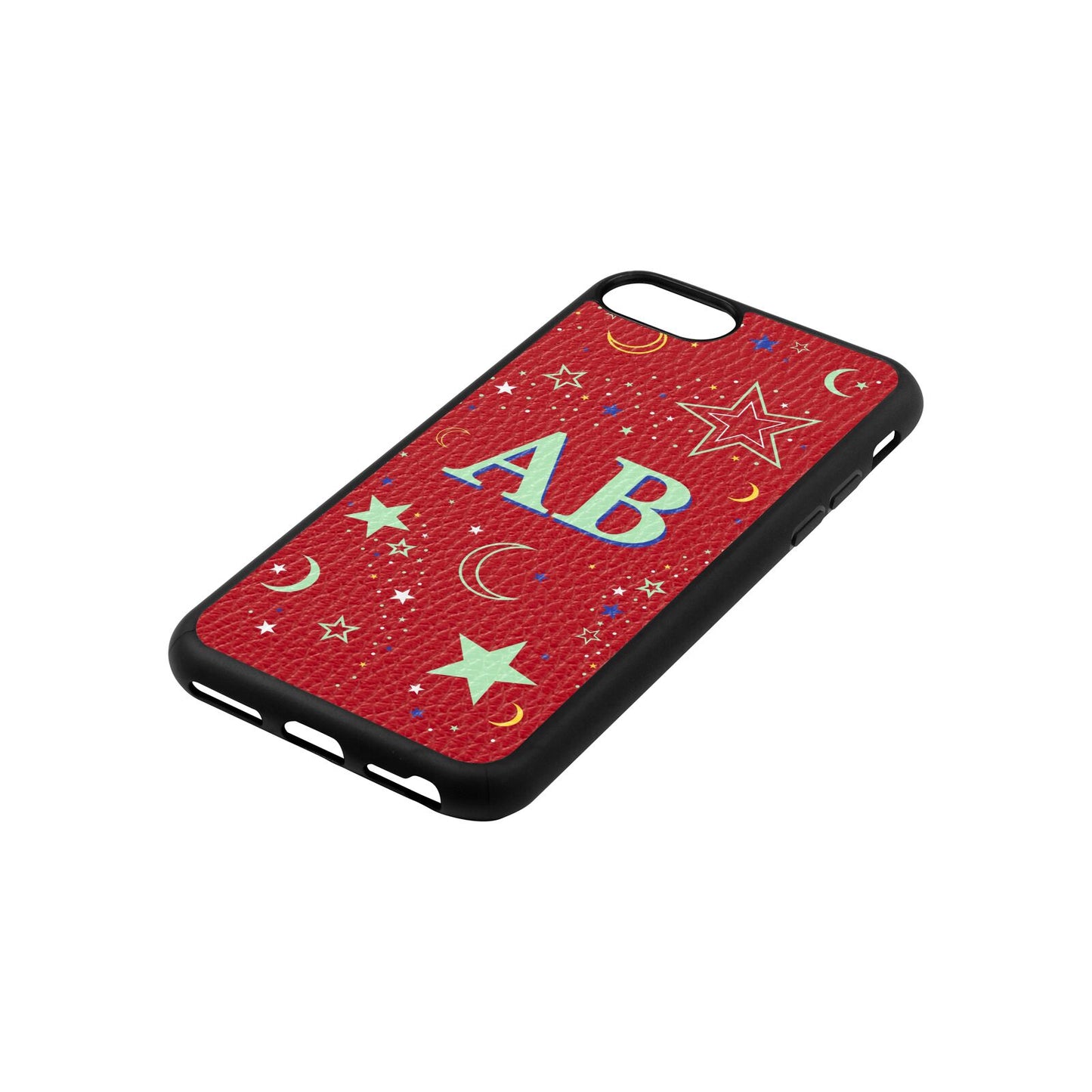 Stars and Moon Personalised Red Pebble Leather iPhone 8 Case Side Angle