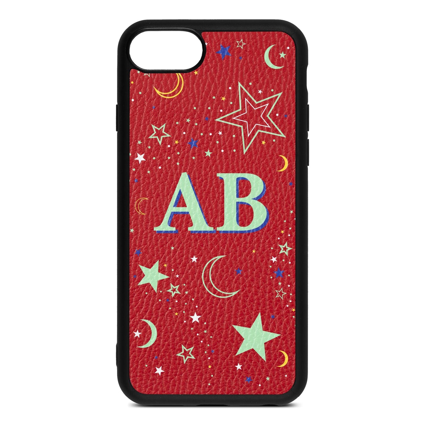 Stars and Moon Personalised Red Pebble Leather iPhone 8 Case