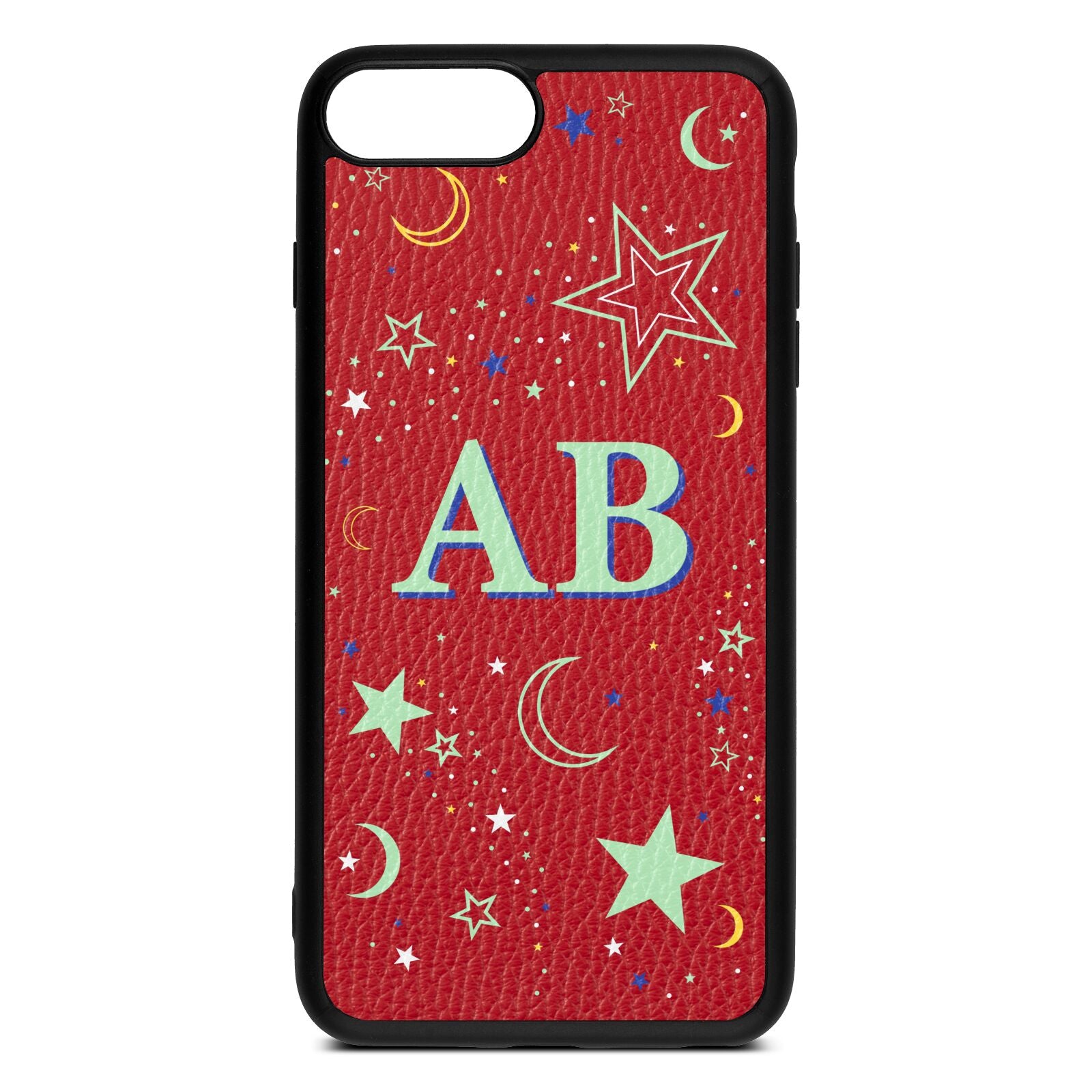 Stars and Moon Personalised Red Pebble Leather iPhone 8 Plus Case