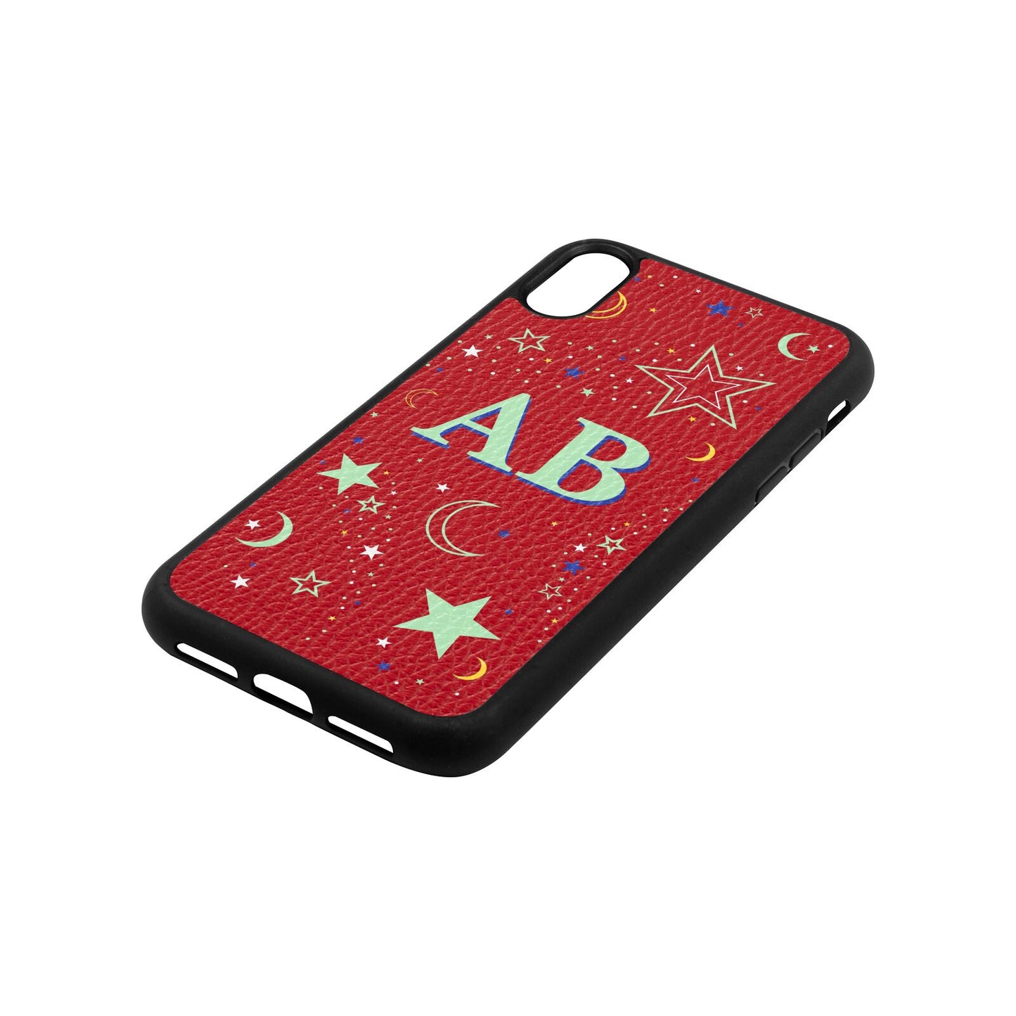 Stars and Moon Personalised Red Pebble Leather iPhone Xr Case Side Angle