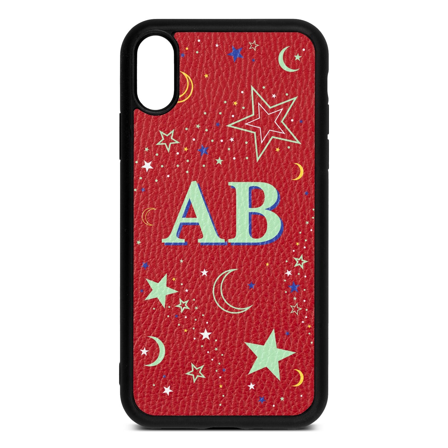 Stars and Moon Personalised Red Pebble Leather iPhone Xr Case