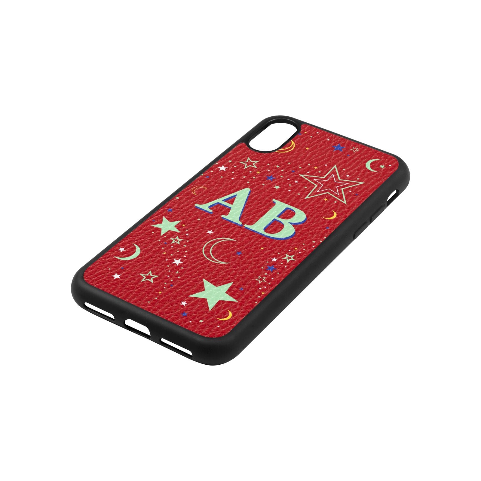 Stars and Moon Personalised Red Pebble Leather iPhone Xs Case Side Angle