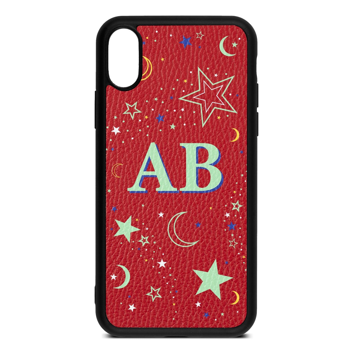 Stars and Moon Personalised Red Pebble Leather iPhone Xs Case