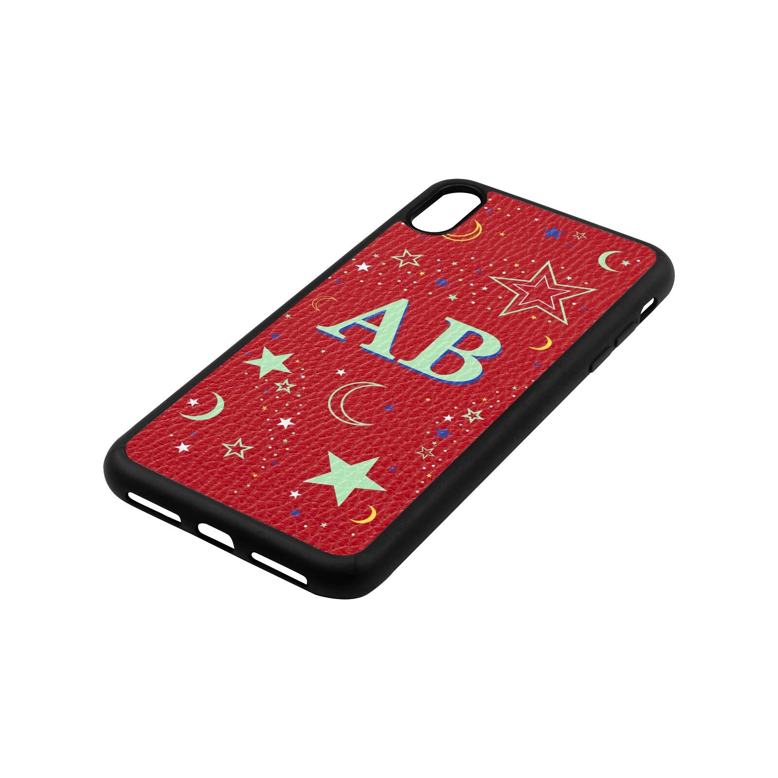 Stars and Moon Personalised Red Pebble Leather iPhone Xs Max Case Side Angle