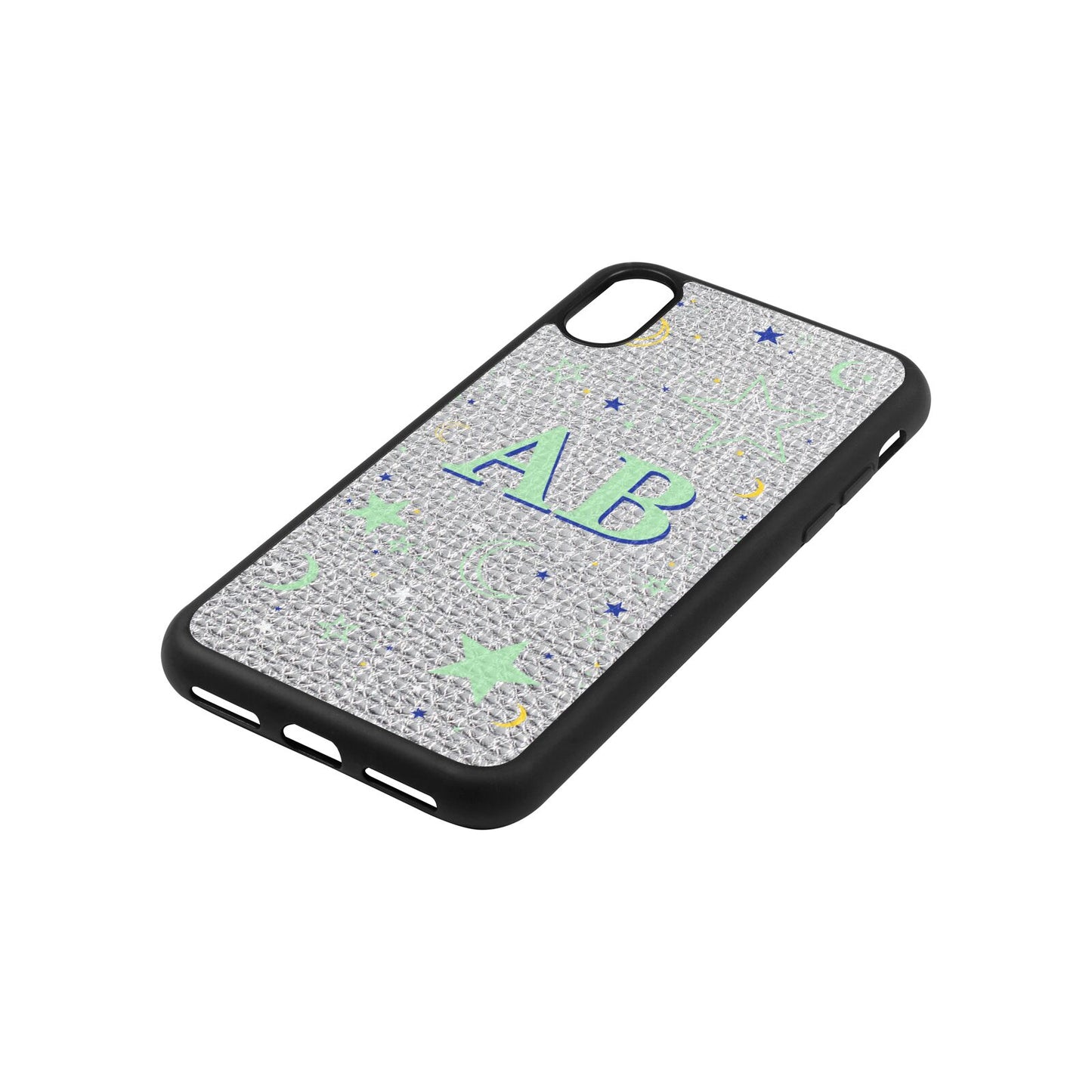 Stars and Moon Personalised Silver Gold Pebble Leather iPhone Xs Case Side Angle