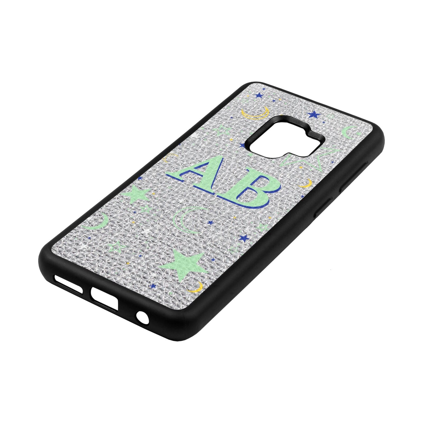 Stars and Moon Personalised Silver Pebble Leather Samsung S9 Case Side Angle