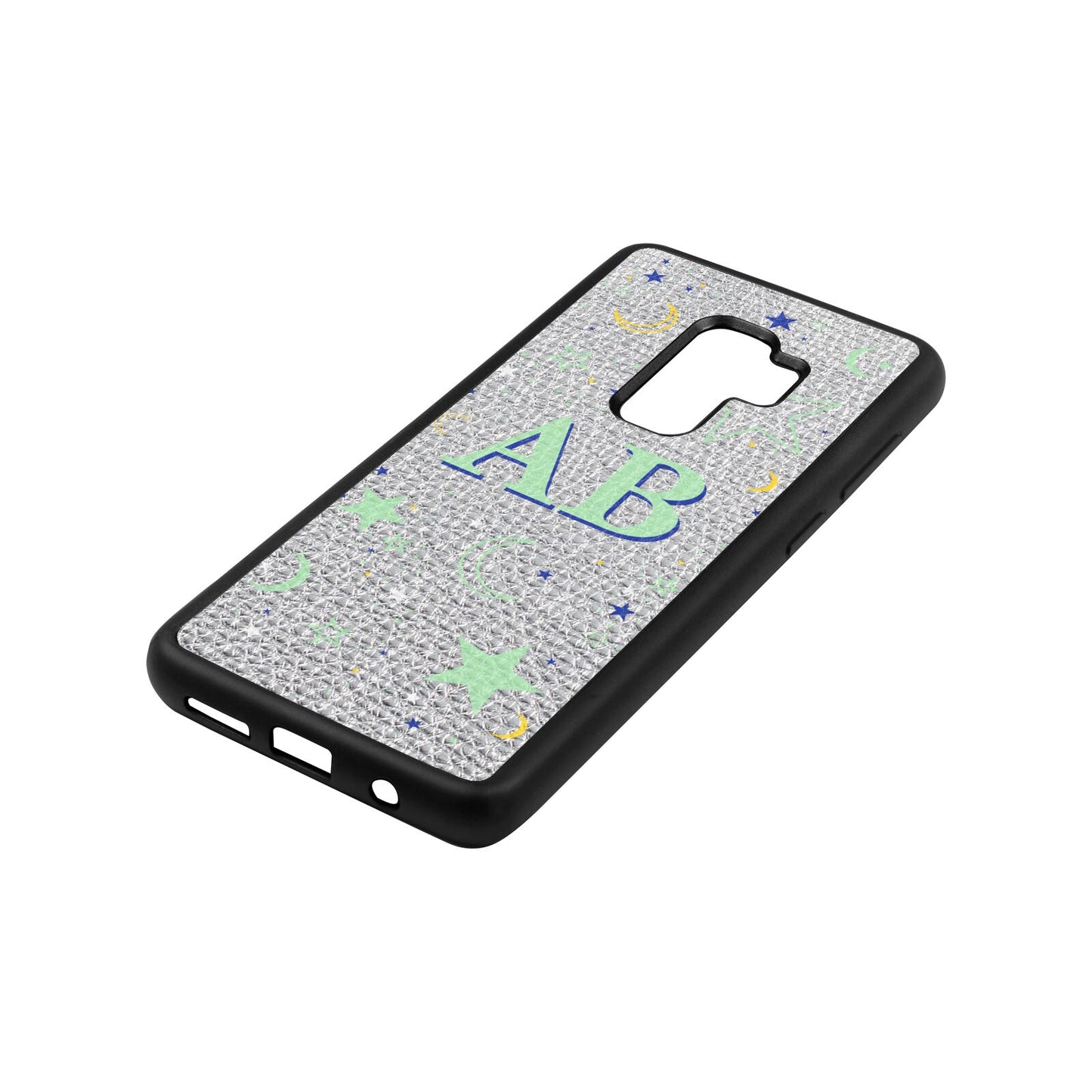 Stars and Moon Personalised Silver Pebble Leather Samsung S9 Plus Case Side Angle