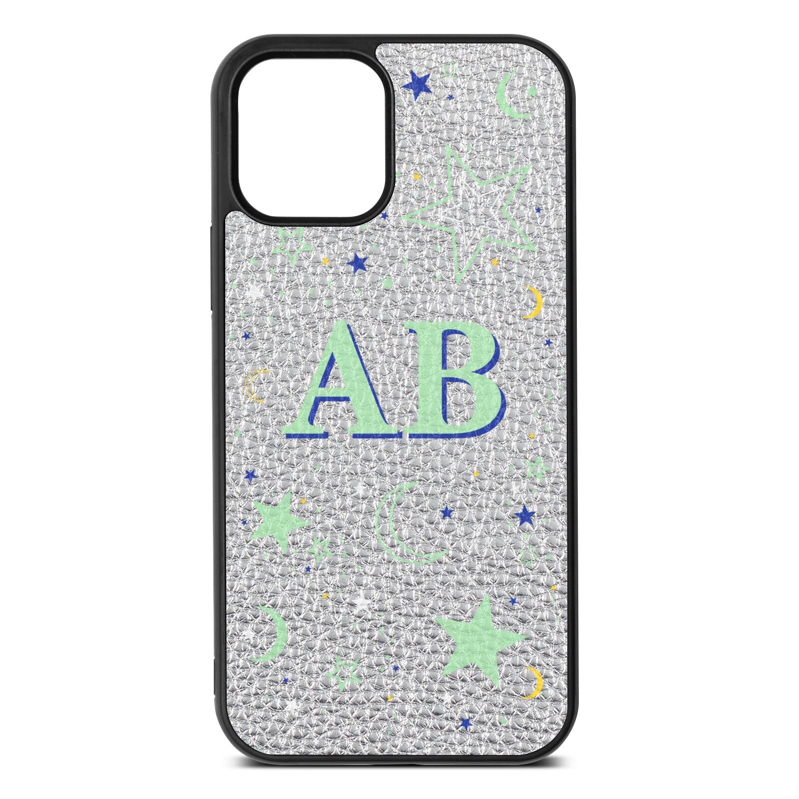 Stars and Moon Personalised Silver Pebble Leather iPhone 12 Case