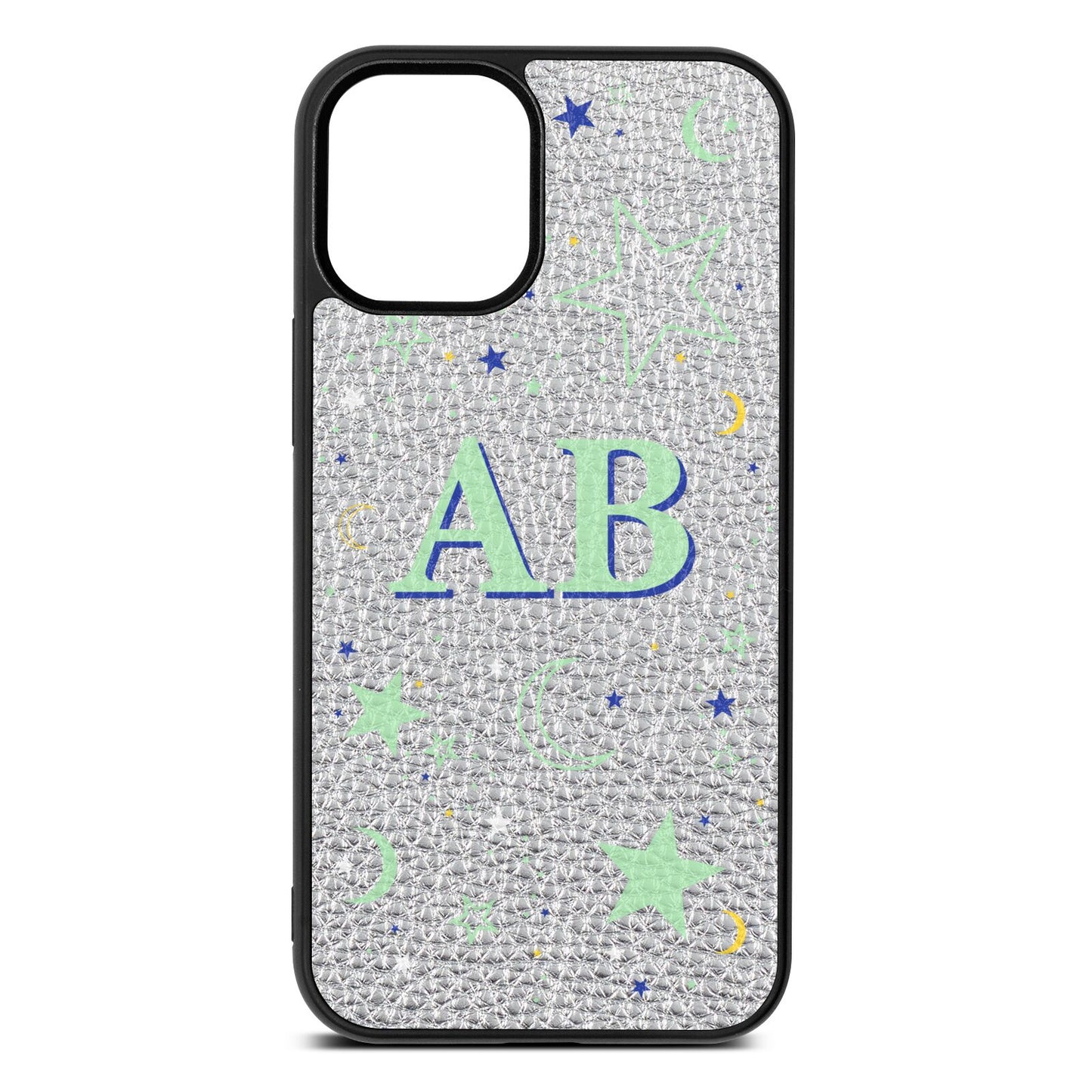 Stars and Moon Personalised Silver Pebble Leather iPhone 12 Mini Case