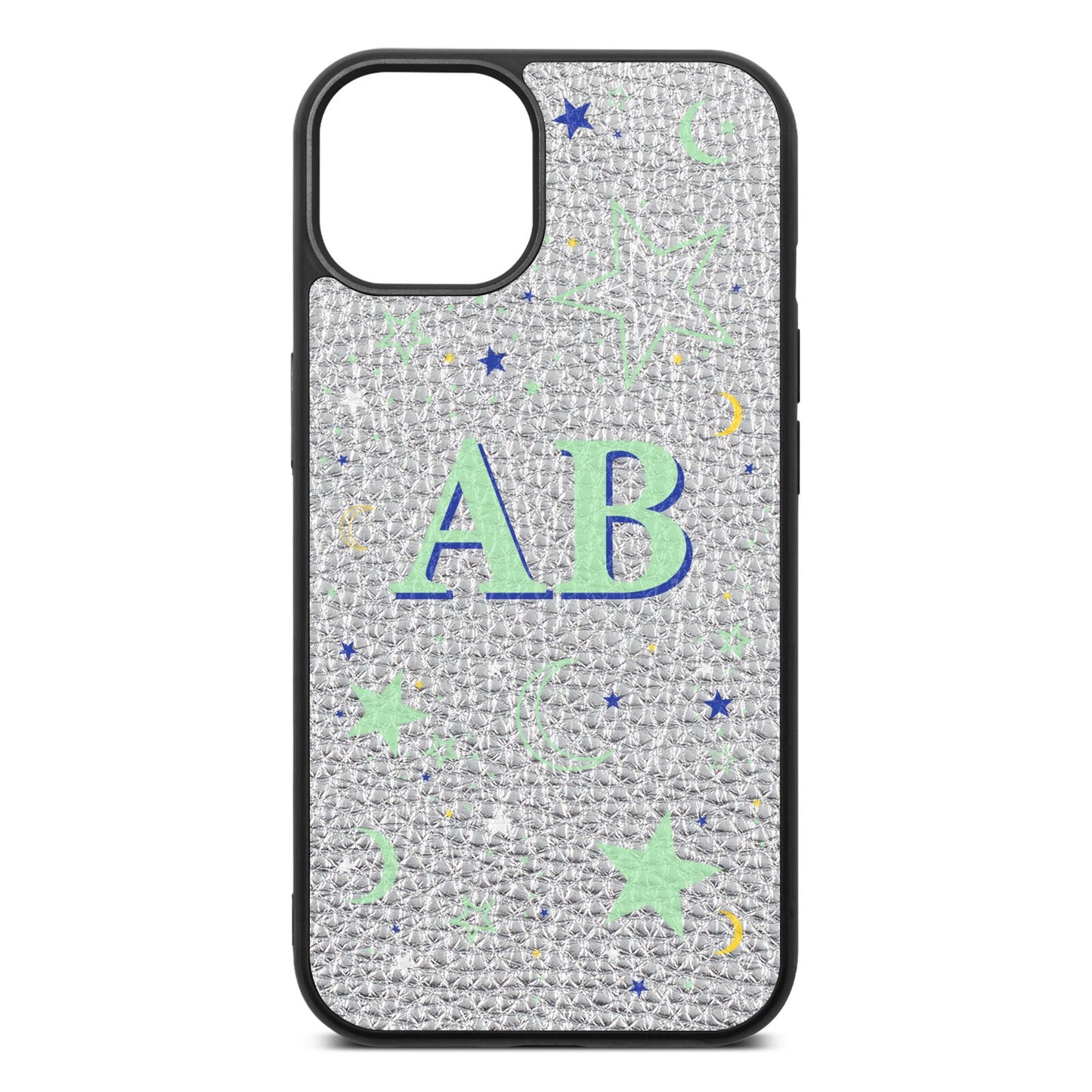 Stars and Moon Personalised Silver Pebble Leather iPhone 13 Case