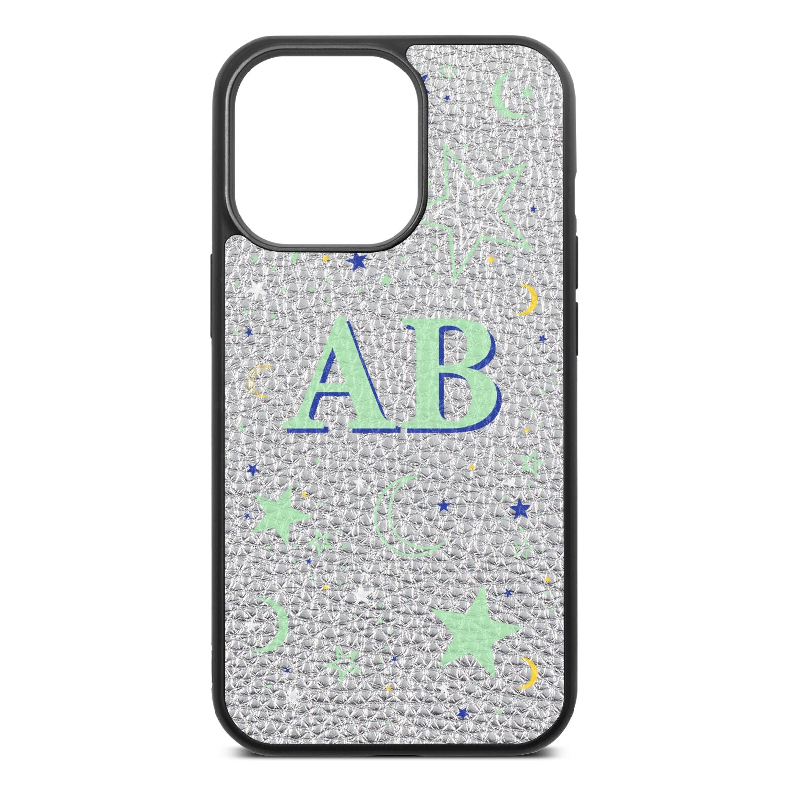 Stars and Moon Personalised Silver Pebble Leather iPhone 13 Pro Case