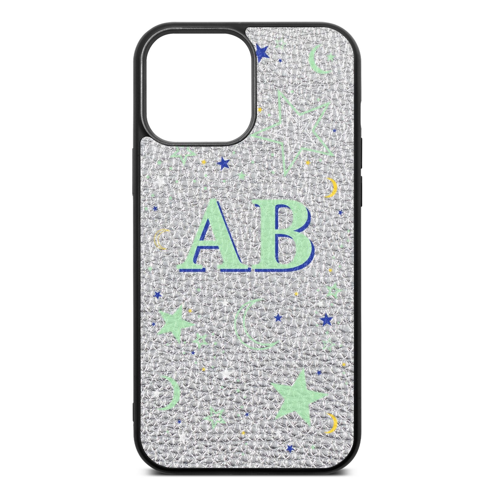 Stars and Moon Personalised Silver Pebble Leather iPhone 13 Pro Max Case