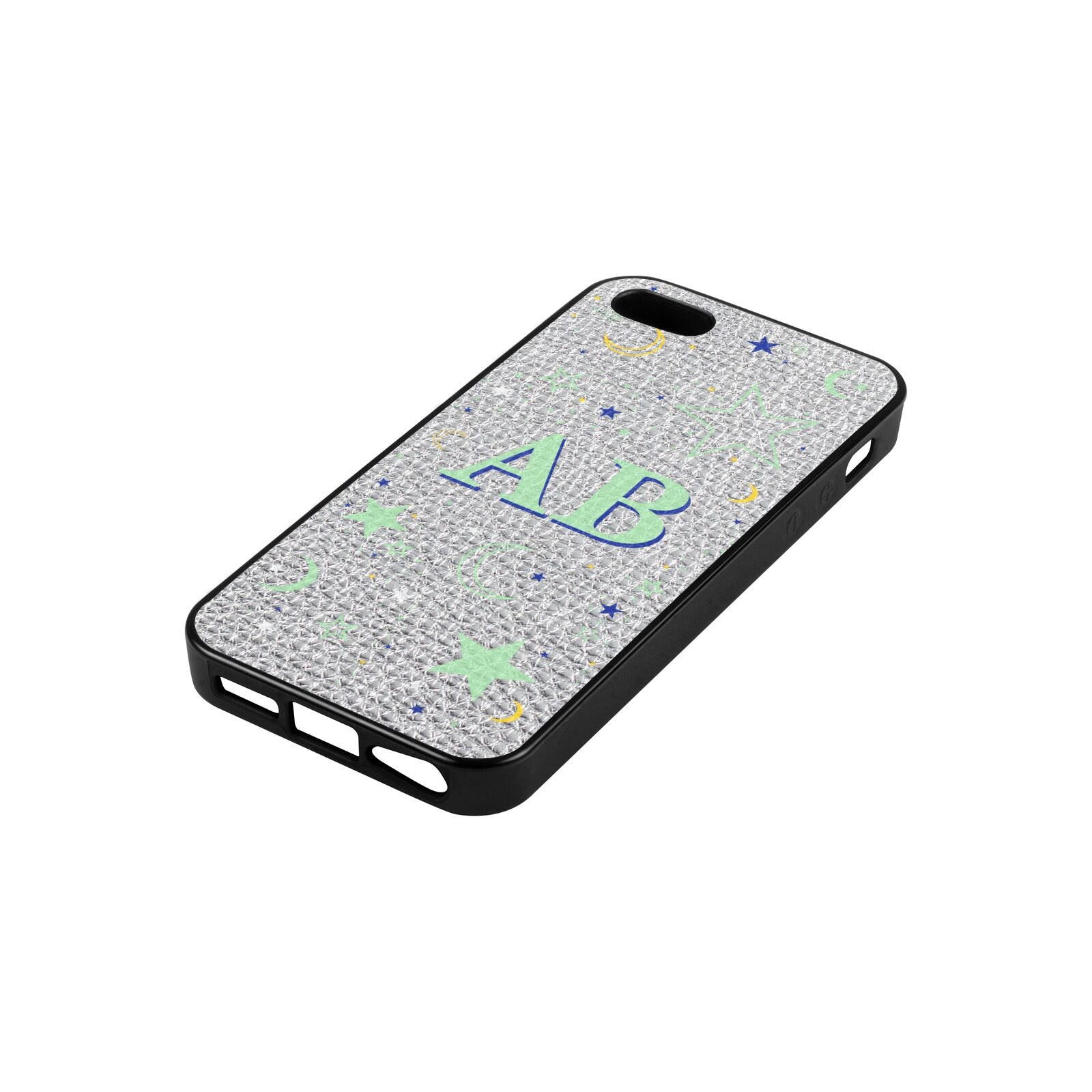 Stars and Moon Personalised Silver Pebble Leather iPhone 5 Case Side Angle