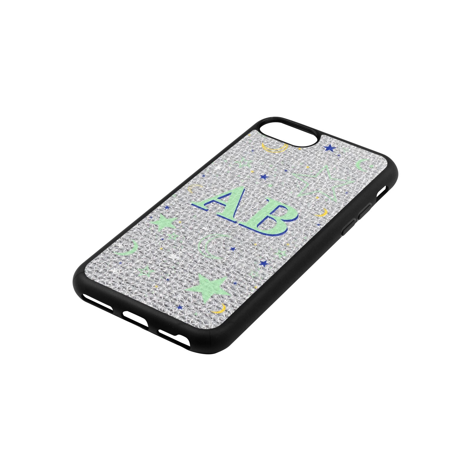 Stars and Moon Personalised Silver Pebble Leather iPhone 8 Case Side Angle