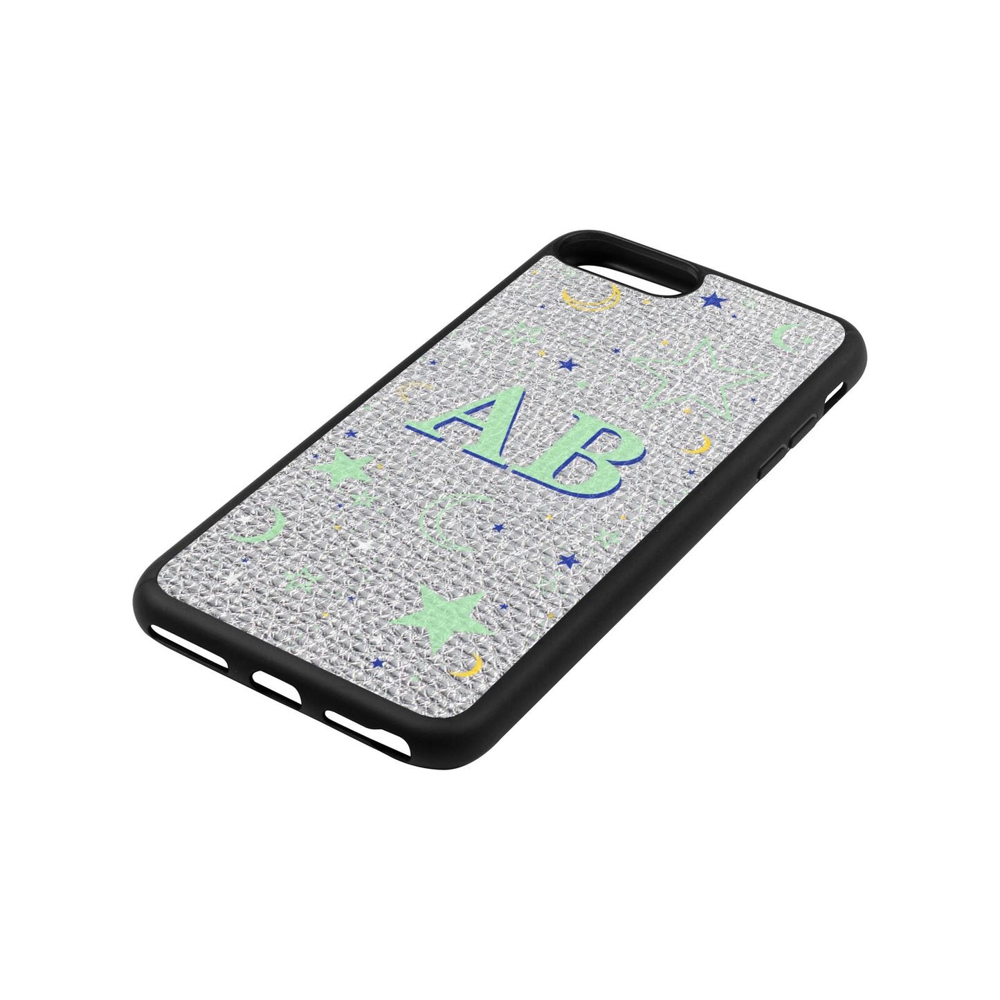 Stars and Moon Personalised Silver Pebble Leather iPhone 8 Plus Case Side Angle