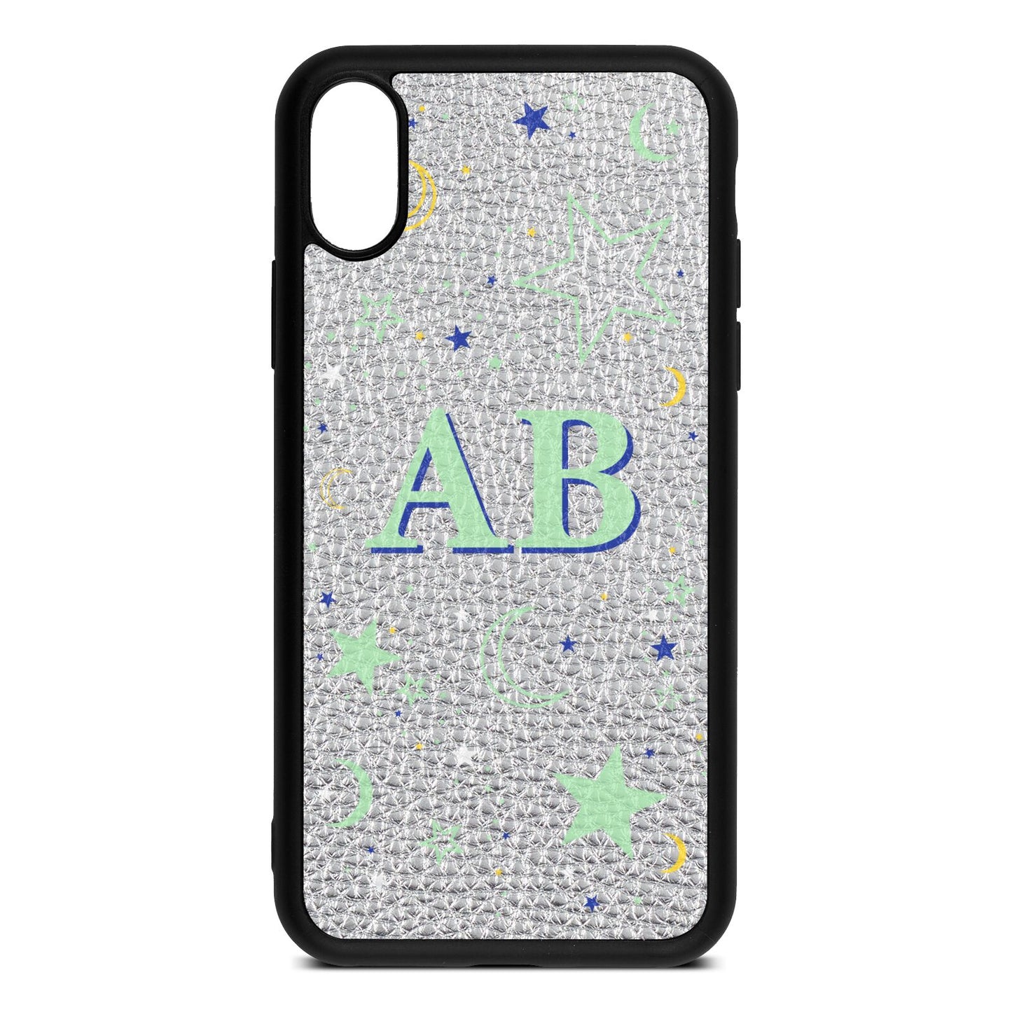 Stars and Moon Personalised Silver Pebble Leather iPhone Xs Case