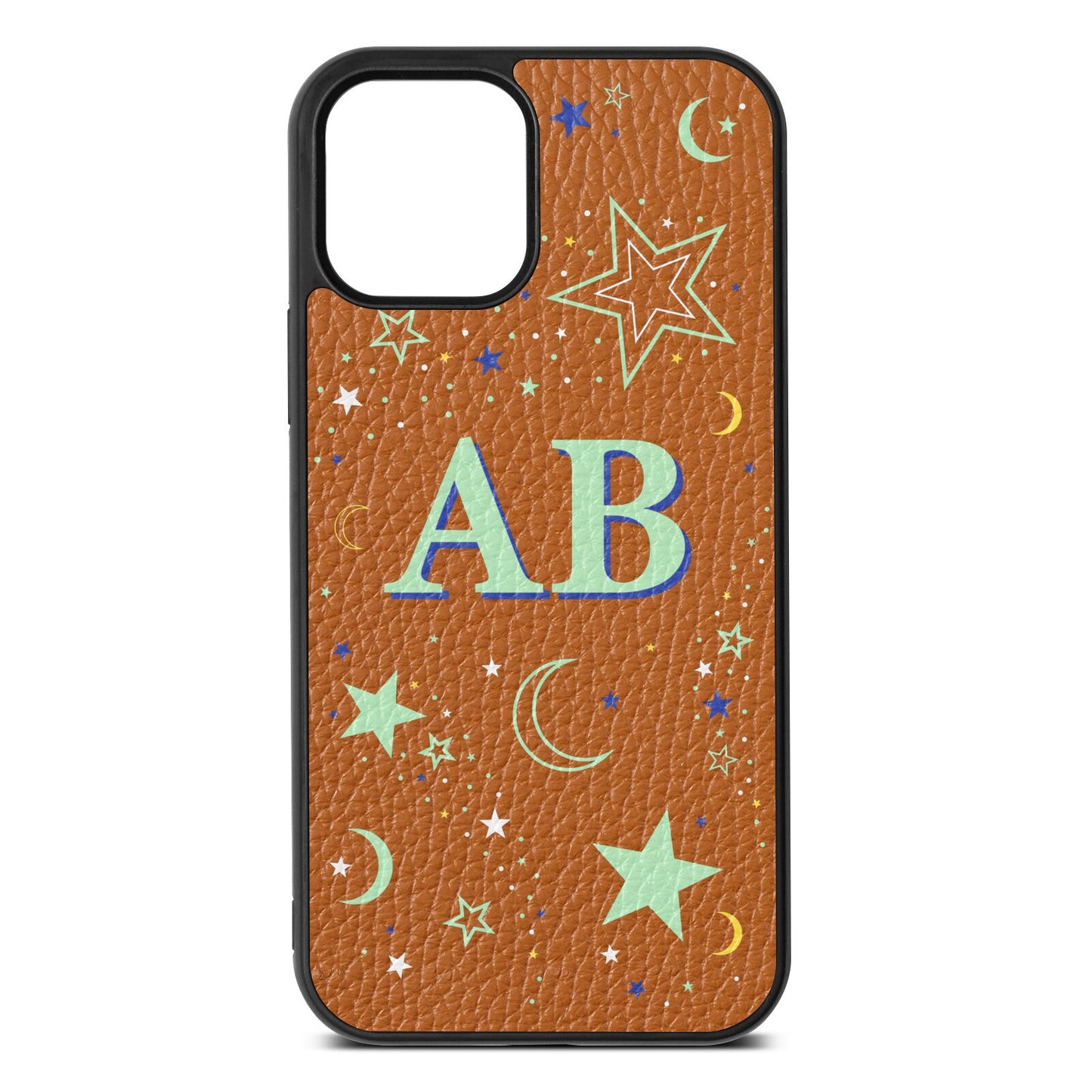 Stars and Moon Personalised Tan Pebble Leather iPhone 12 Case