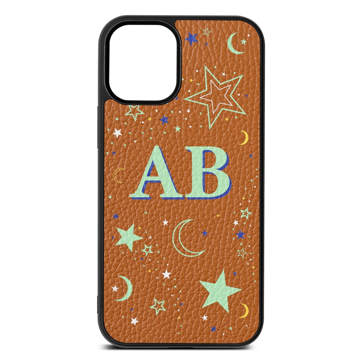 Stars and Moon Personalised Tan Pebble Leather iPhone 12 Mini Case