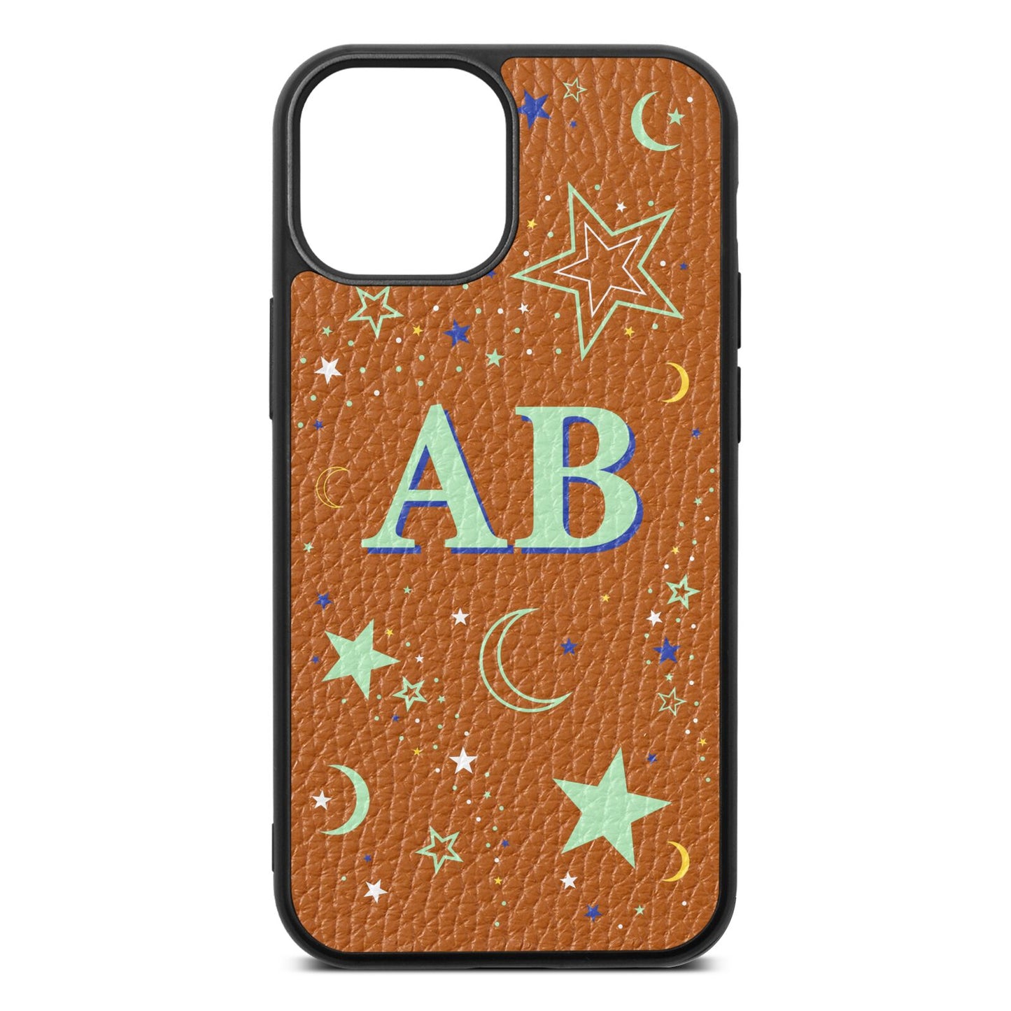 Stars and Moon Personalised Tan Pebble Leather iPhone 13 Mini Case