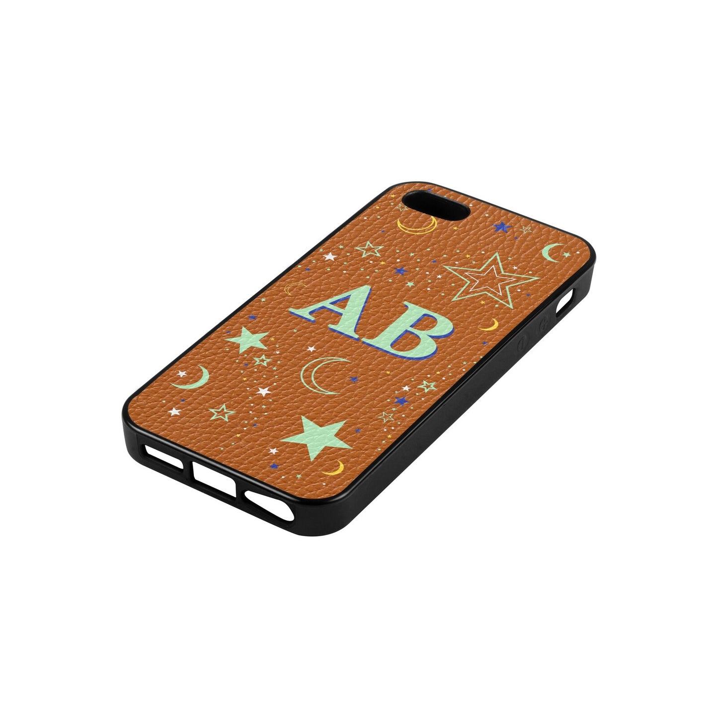 Stars and Moon Personalised Tan Pebble Leather iPhone 5 Case Side Angle