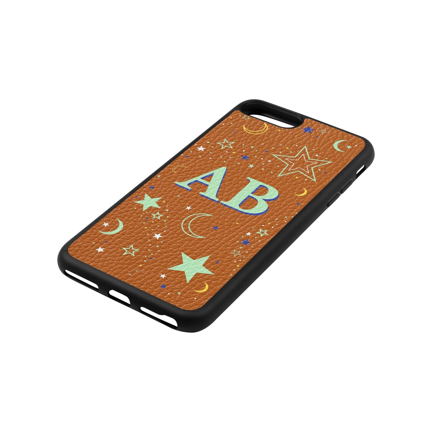 Stars and Moon Personalised Tan Pebble Leather iPhone 8 Plus Case Side Angle