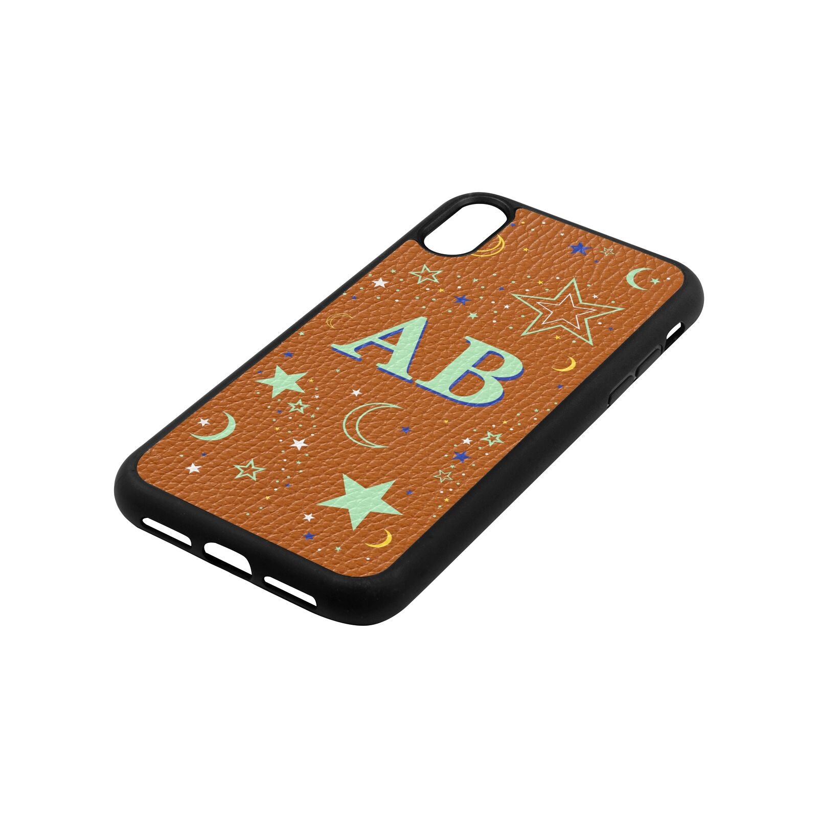 Stars and Moon Personalised Tan Pebble Leather iPhone Xr Case Side Angle