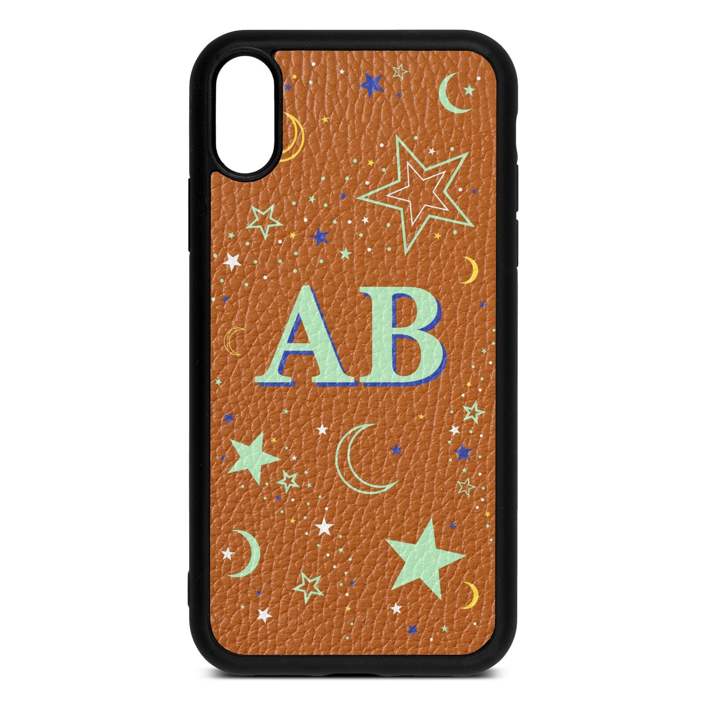 Stars and Moon Personalised Tan Pebble Leather iPhone Xr Case