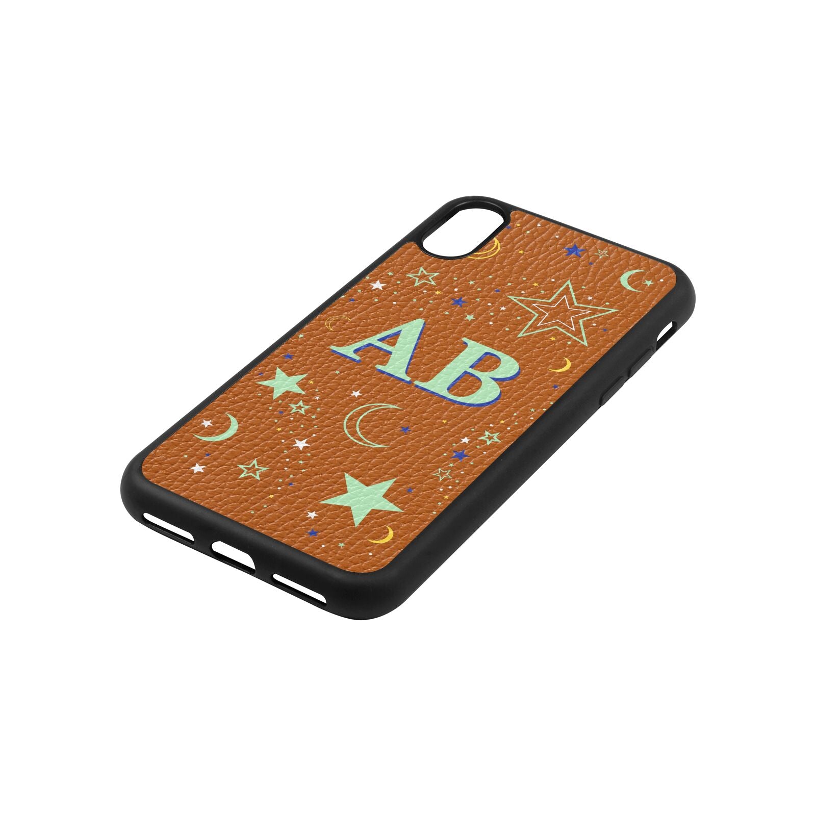 Stars and Moon Personalised Tan Pebble Leather iPhone Xs Case Side Angle