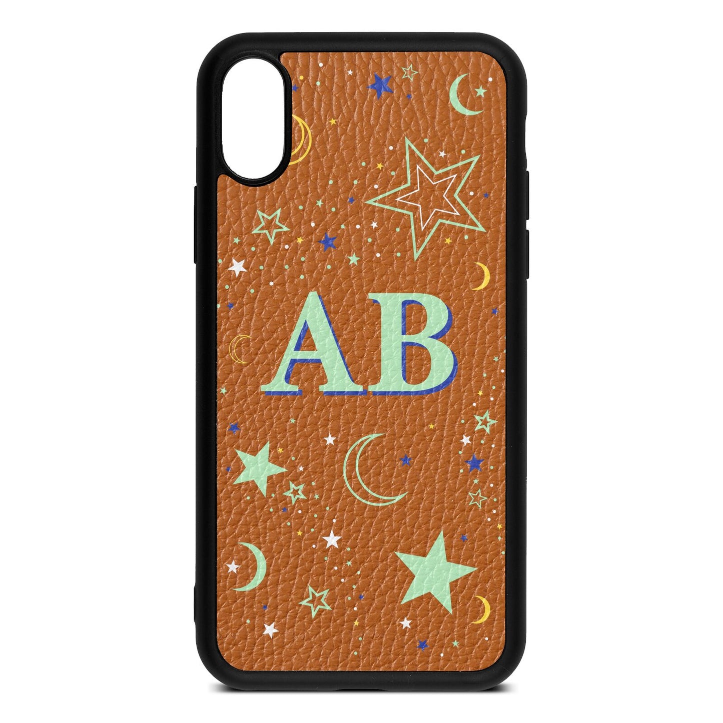 Stars and Moon Personalised Tan Pebble Leather iPhone Xs Case