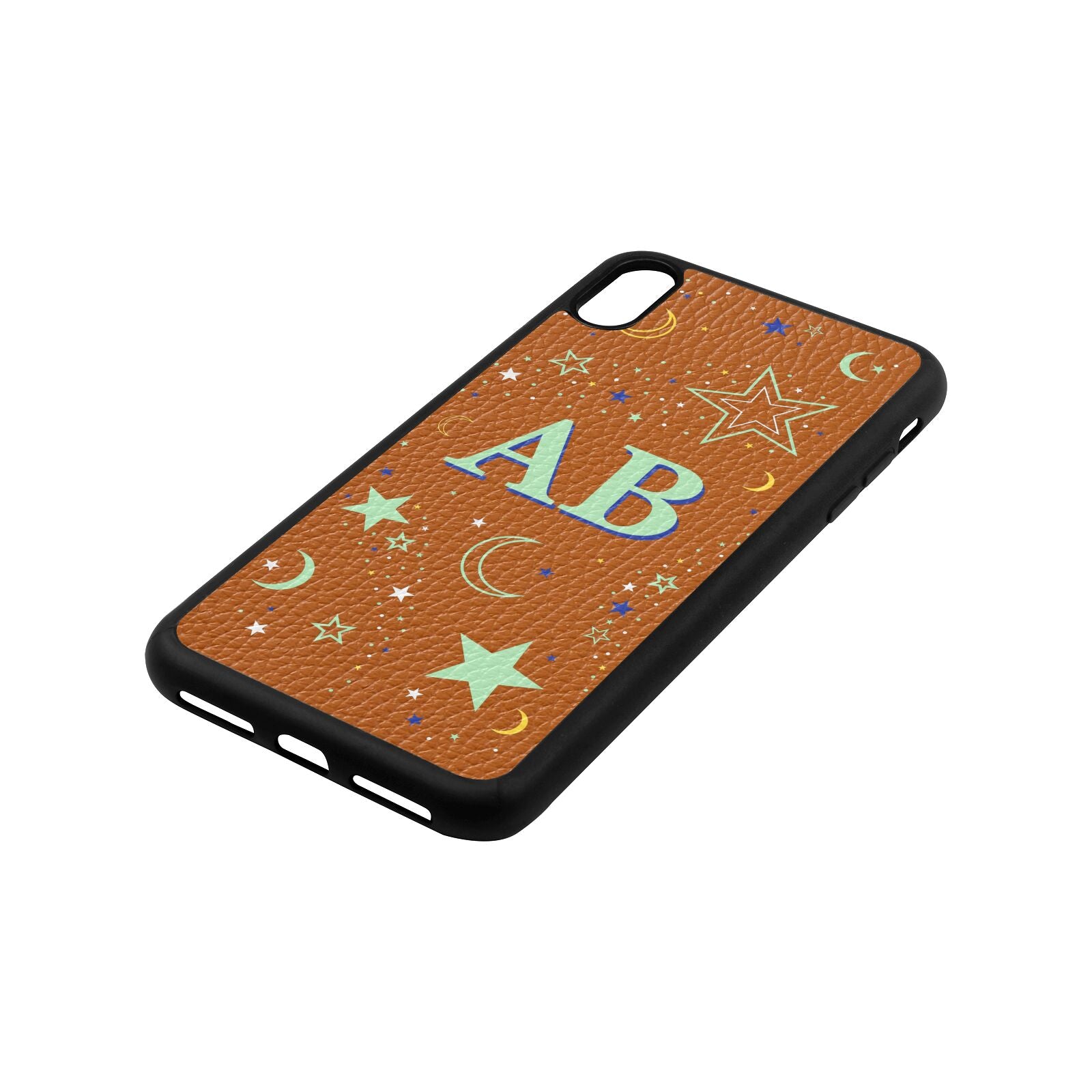 Stars and Moon Personalised Tan Pebble Leather iPhone Xs Max Case Side Angle