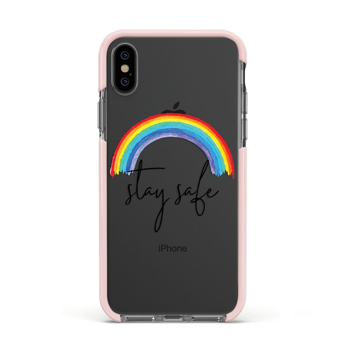 Stay Safe Rainbow Apple iPhone Xs Impact Case Pink Edge on Black Phone