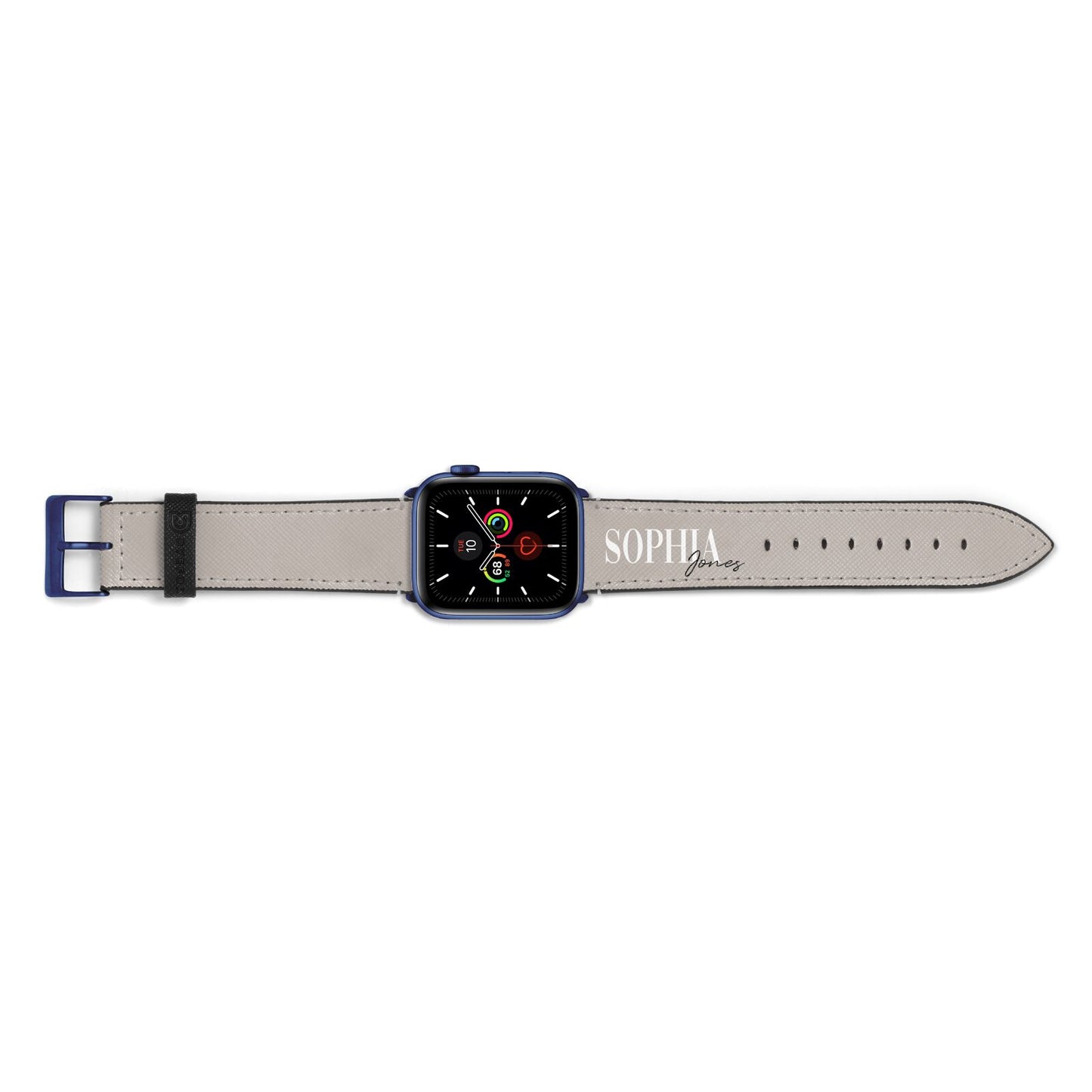Stone Colour with Personalised Name Apple Watch Strap Landscape Image Blue Hardware