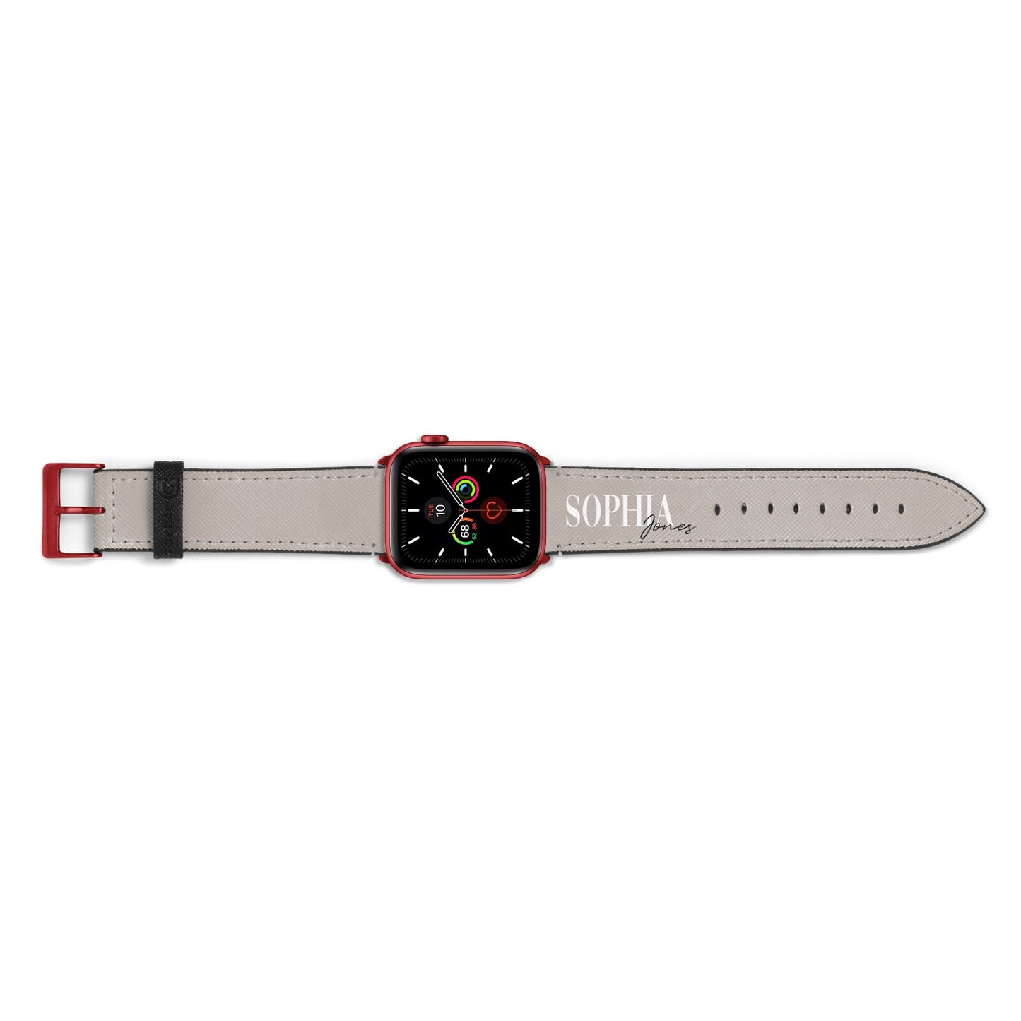 Stone Colour with Personalised Name Apple Watch Strap Landscape Image Red Hardware