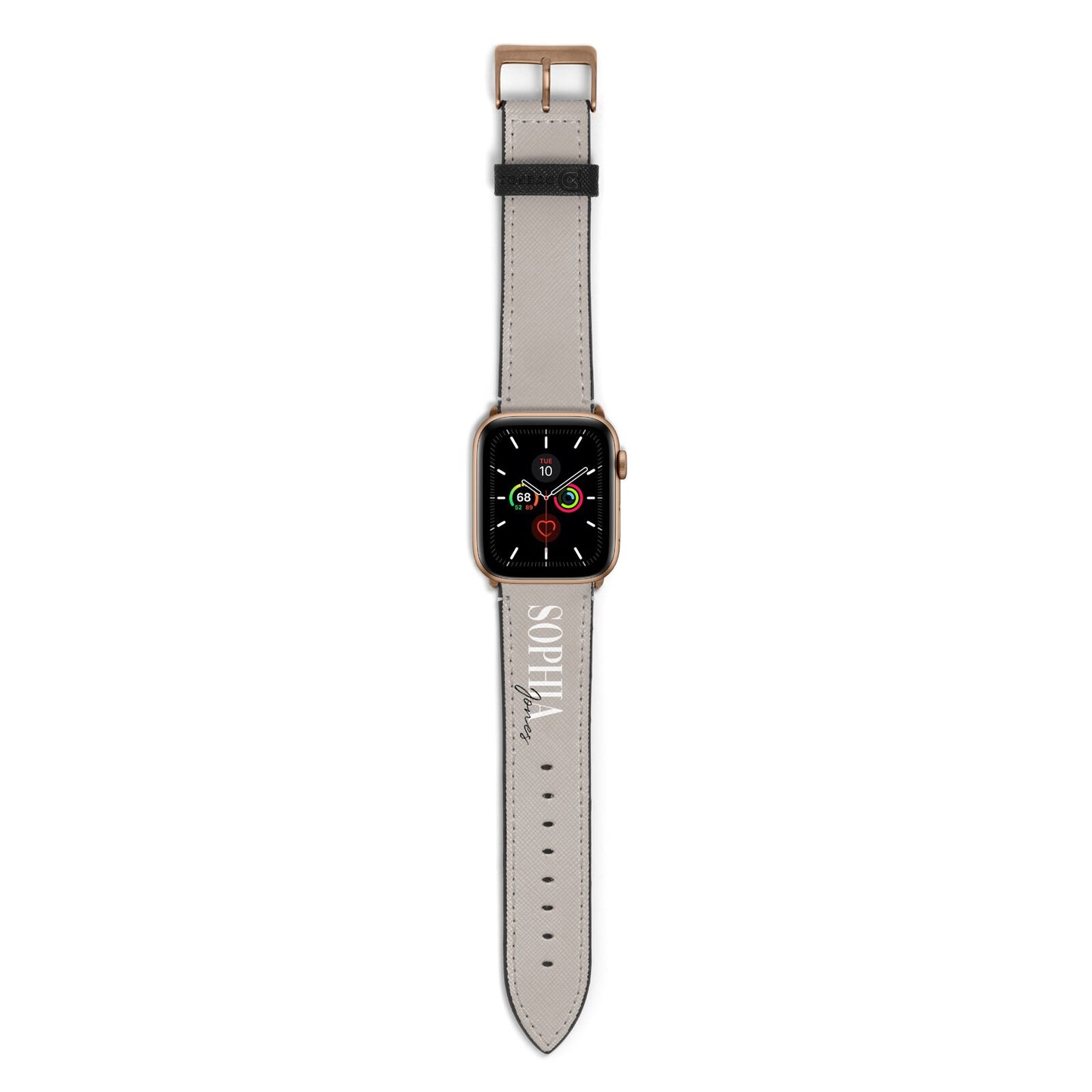 Stone Colour with Personalised Name Apple Watch Strap with Gold Hardware