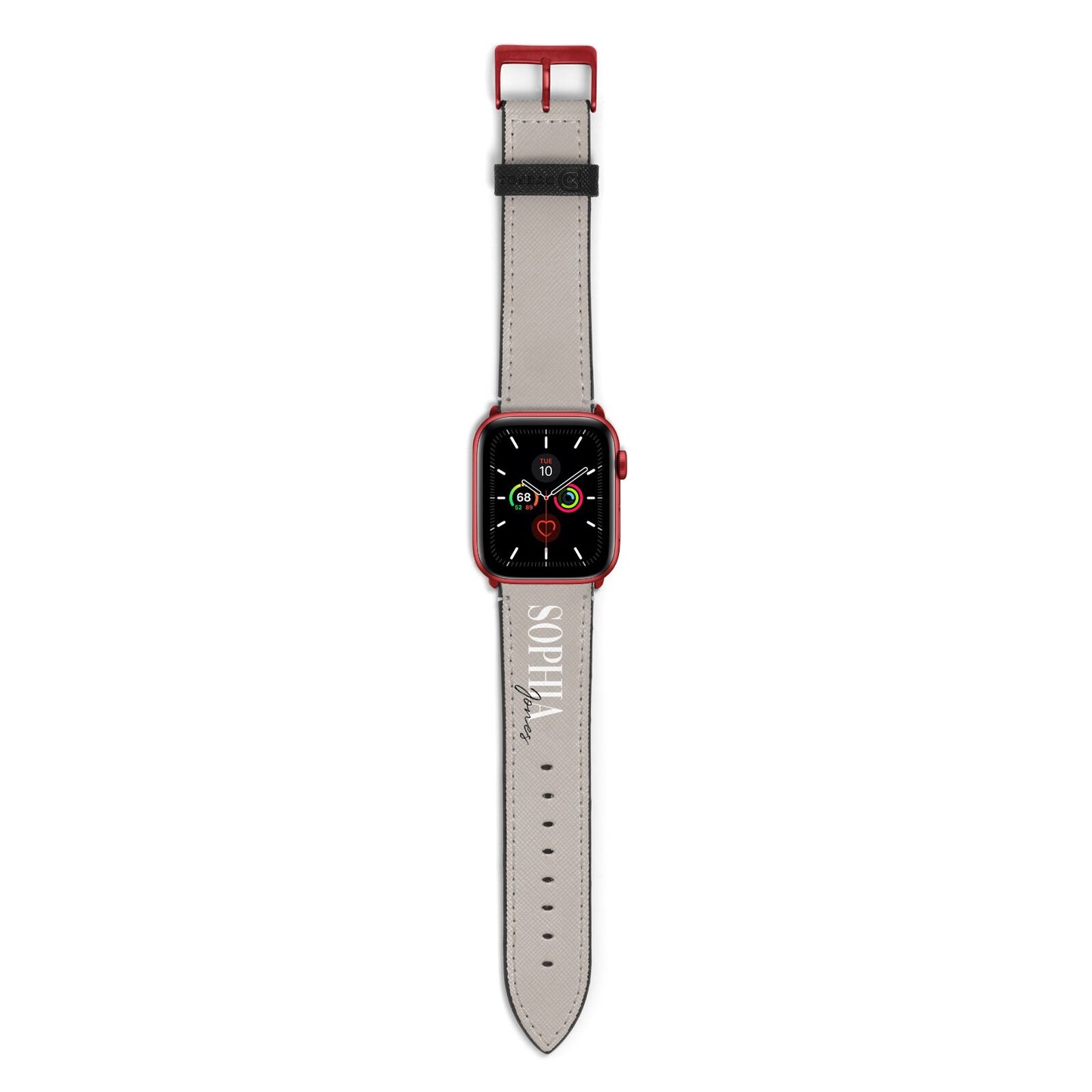 Stone Colour with Personalised Name Apple Watch Strap with Red Hardware