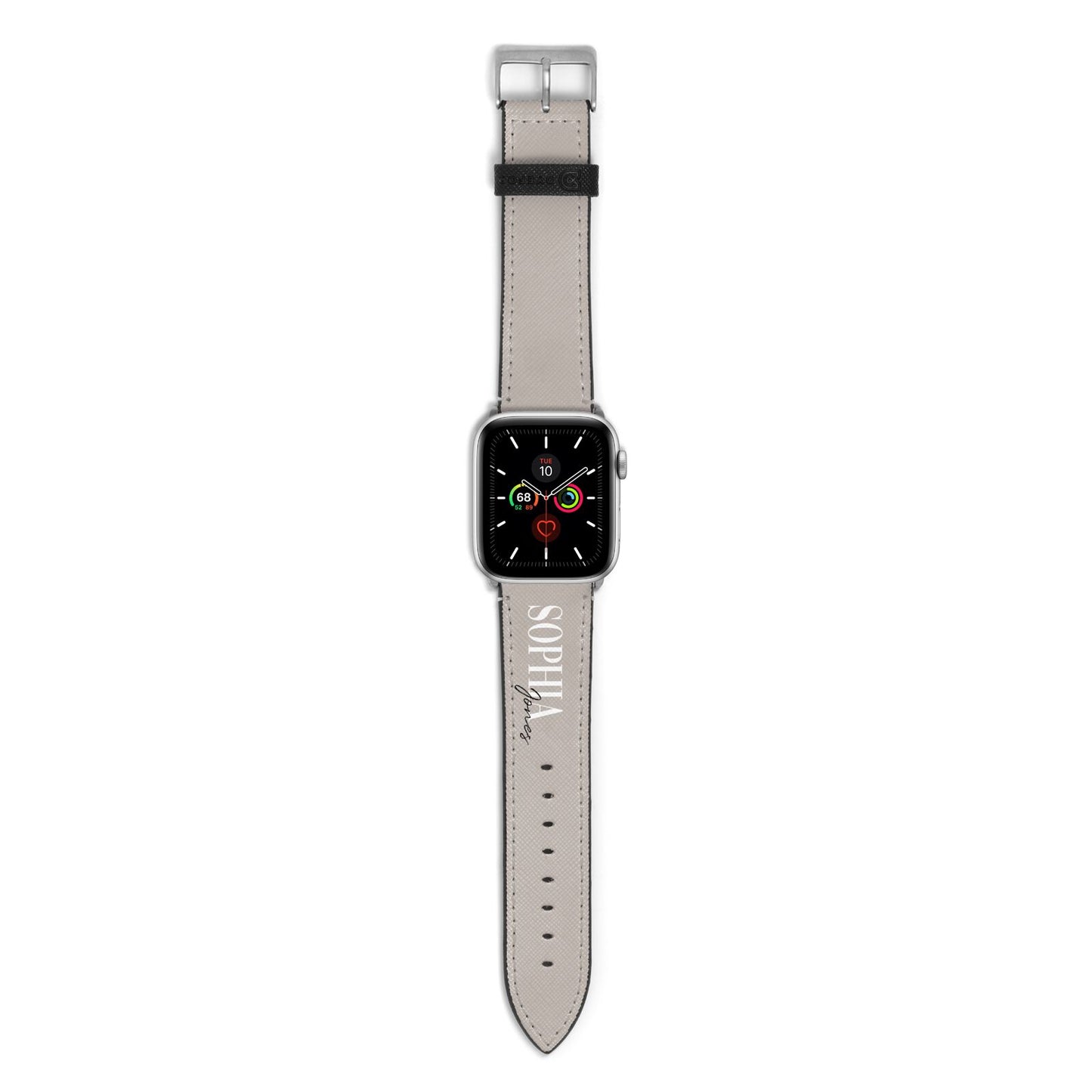 Stone Colour with Personalised Name Apple Watch Strap with Silver Hardware