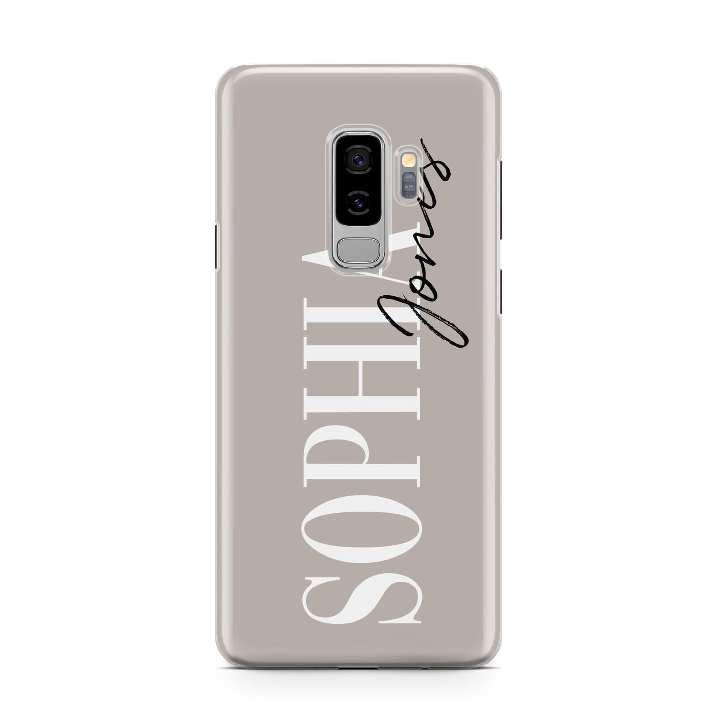 Stone Colour with Personalised Name Samsung Galaxy S9 Plus Case on Silver phone