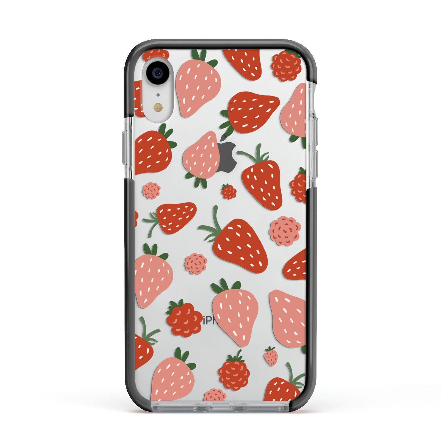 Strawberry Apple iPhone XR Impact Case Black Edge on Silver Phone