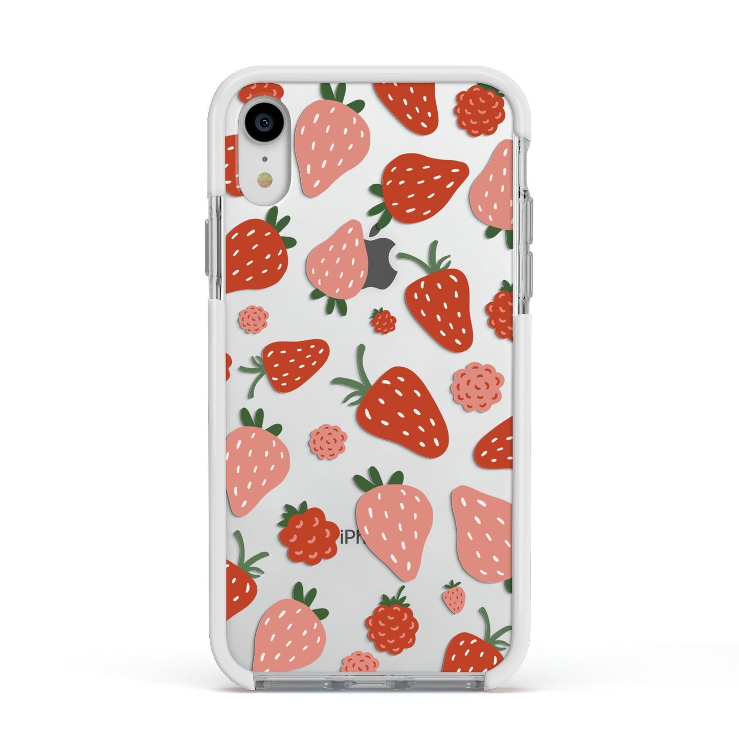 Strawberry Apple iPhone XR Impact Case White Edge on Silver Phone