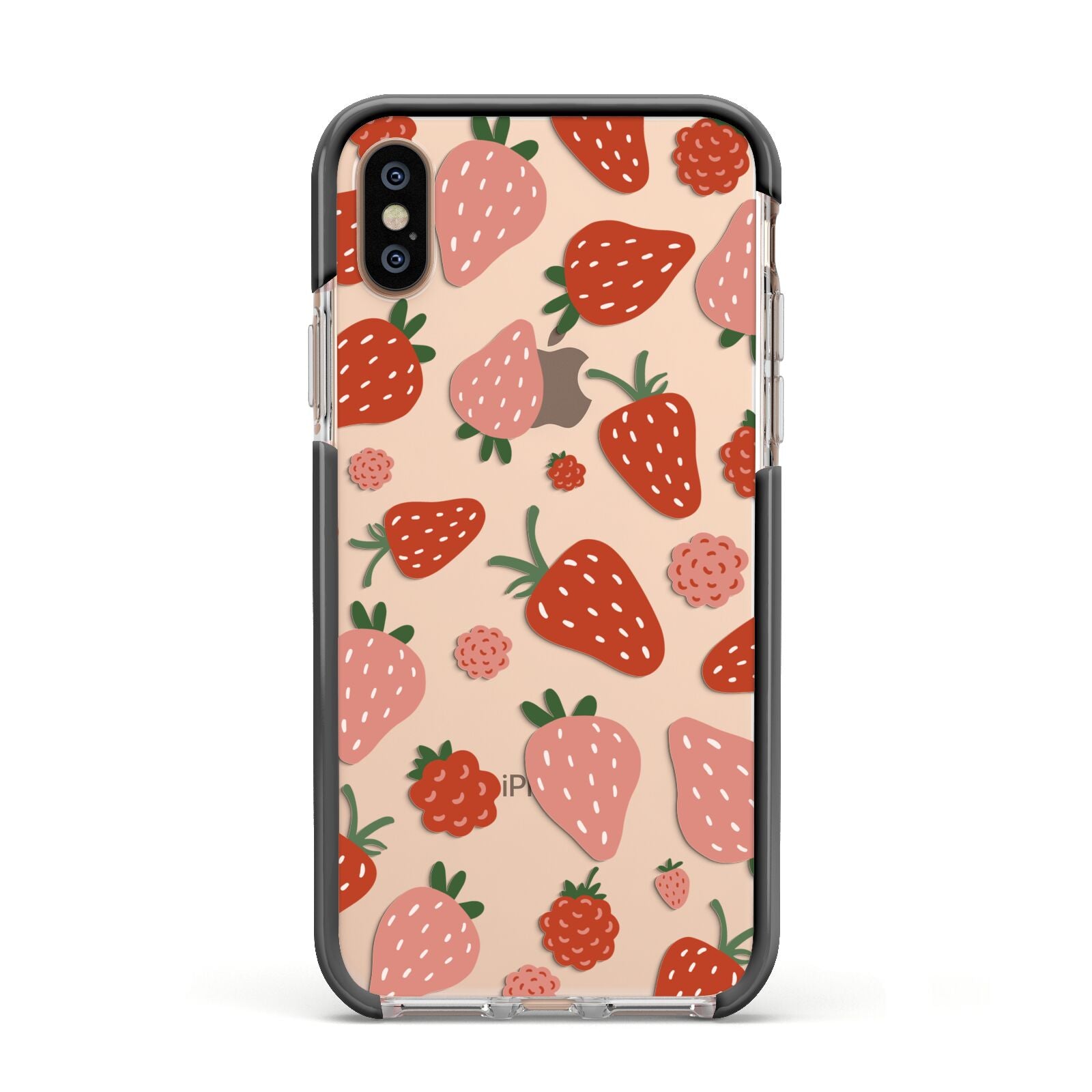 Strawberry Apple iPhone Xs Impact Case Black Edge on Gold Phone