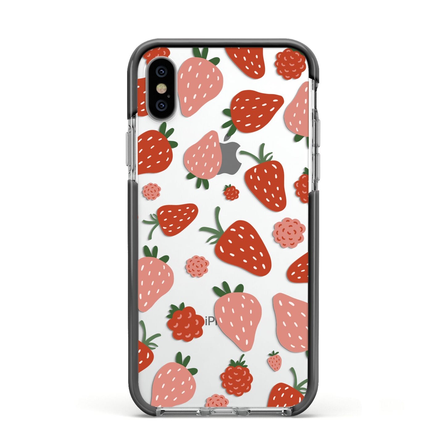 Strawberry Apple iPhone Xs Impact Case Black Edge on Silver Phone