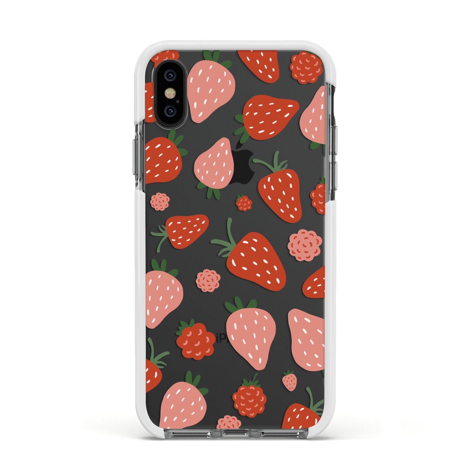 Strawberry Apple iPhone Xs Impact Case White Edge on Black Phone