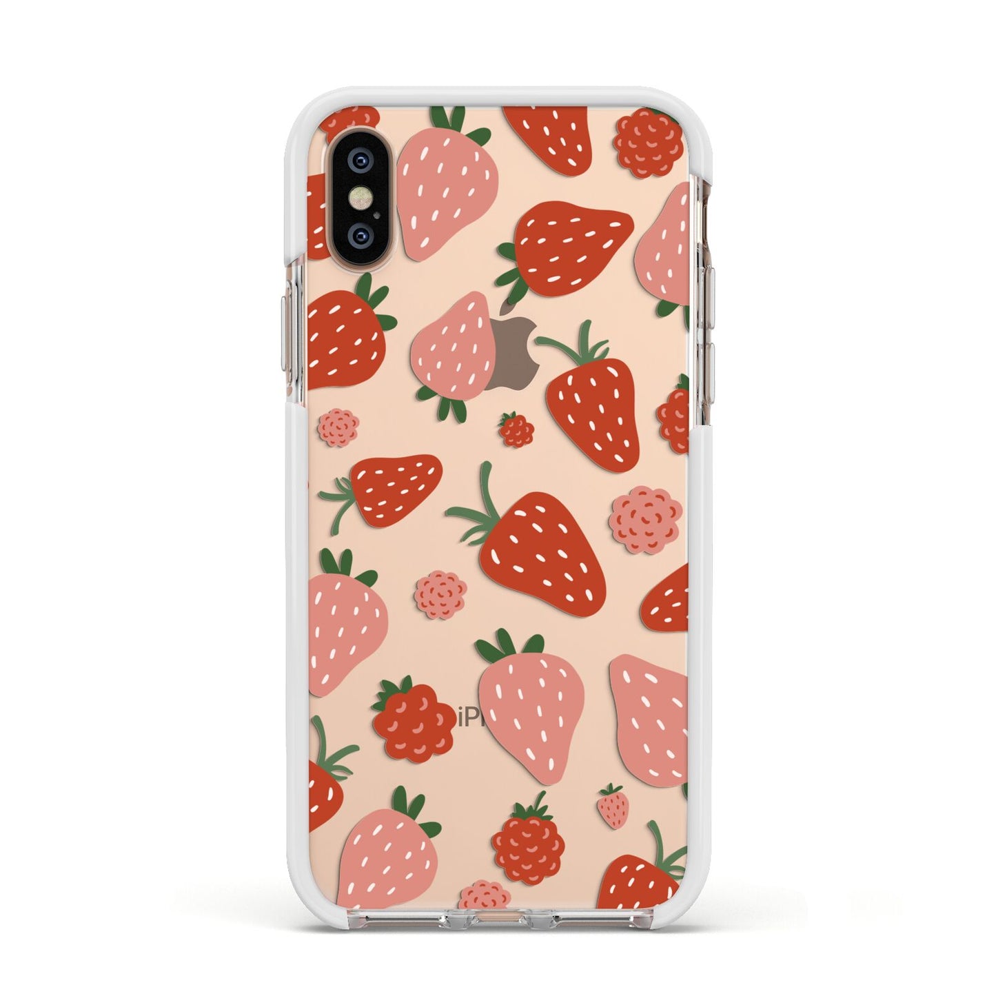 Strawberry Apple iPhone Xs Impact Case White Edge on Gold Phone