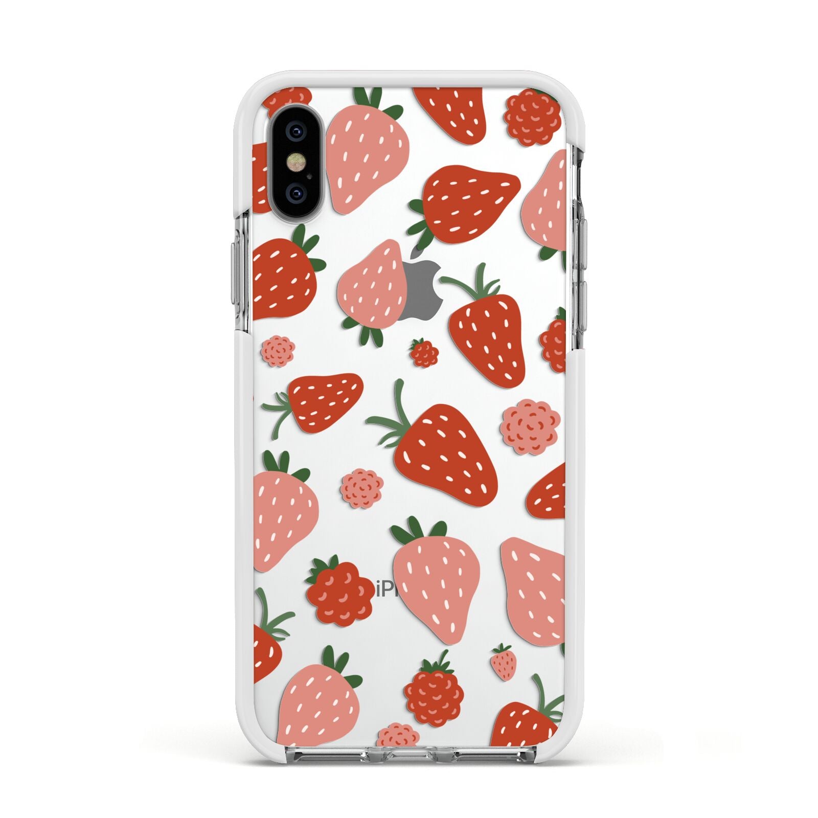 Strawberry Apple iPhone Xs Impact Case White Edge on Silver Phone