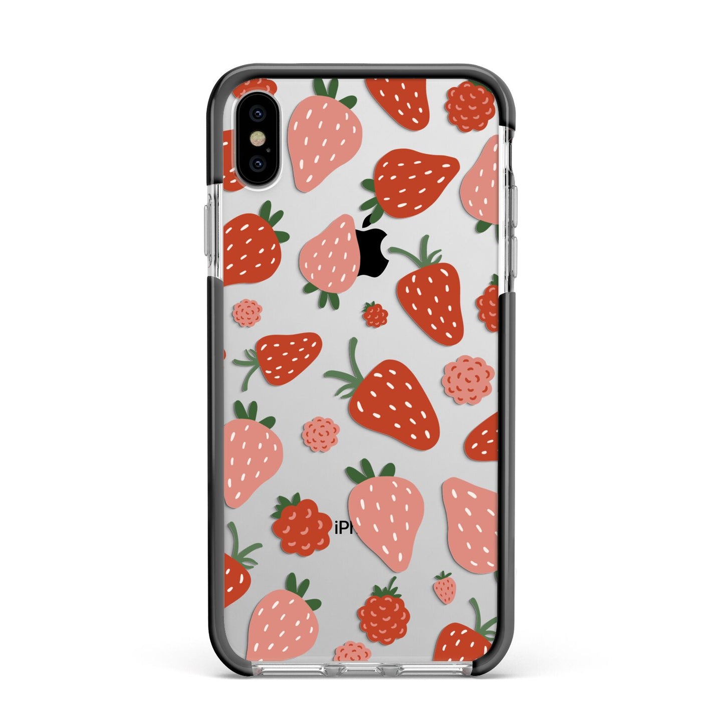 Strawberry Apple iPhone Xs Max Impact Case Black Edge on Silver Phone