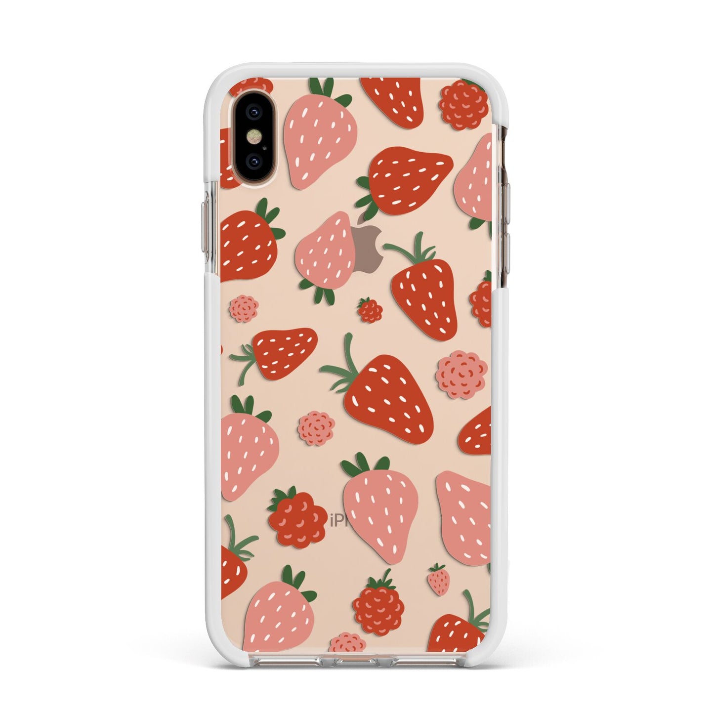 Strawberry Apple iPhone Xs Max Impact Case White Edge on Gold Phone