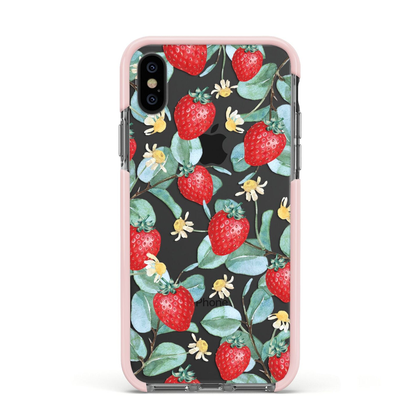 Strawberry Plant Apple iPhone Xs Impact Case Pink Edge on Black Phone